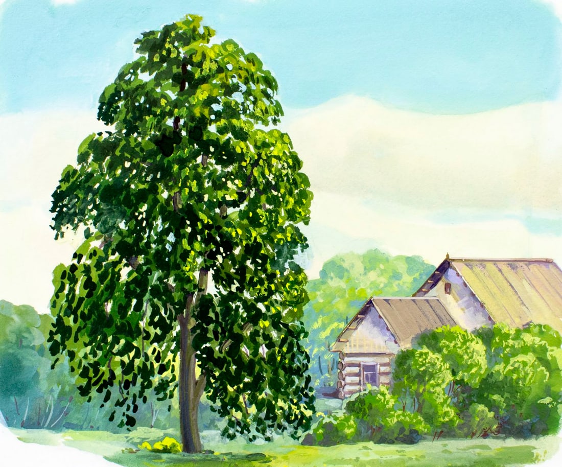 Andrey Kurtenko (Russia,20C) gouache painting: ARTIST: Andrey Kurtenko (Russian, 20 century) TITLE: Country Home (titled on verso) YEAR: 1980 MEDIUM: gouache on paper. Paper applied to board. CONDITION: Some small damages to corners and edges of