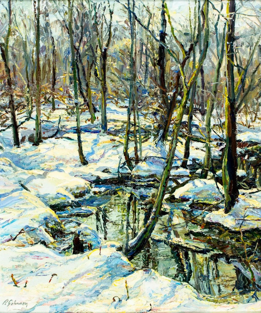 P Johnson (US,20C) oil painting: ARTIST: P Johnson (American, 20 century) TITLE: Winter Forest Landscape MEDIUM: oil on canvas CONDITION: Very good. No visible inpaint under UV light. Minor damages to frame. ART SIZE: 24 x 20 inches