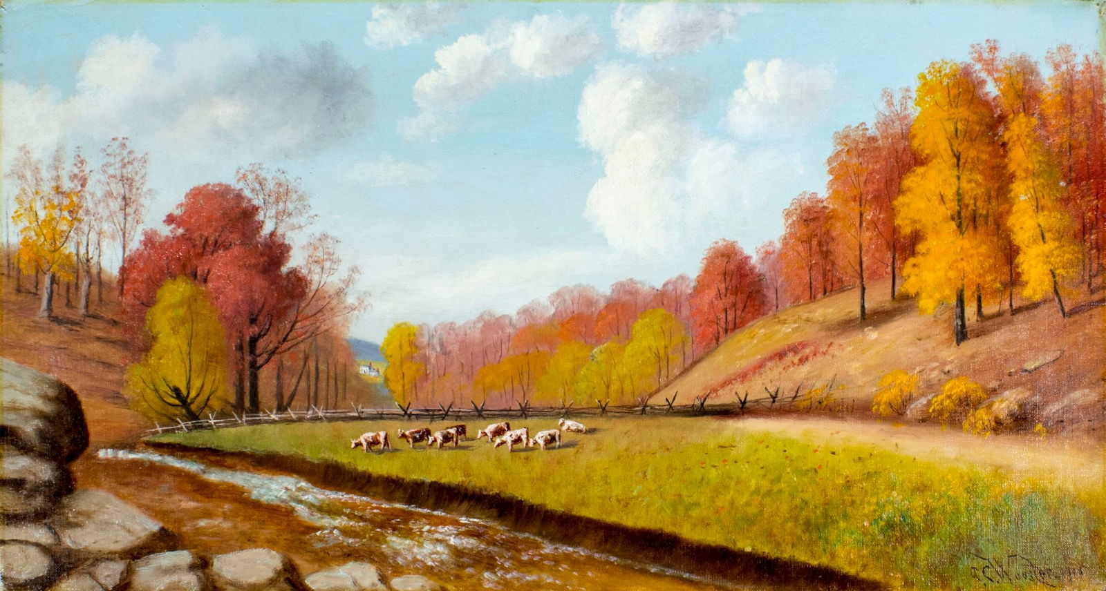 Austin Wooster (PA,1838-1913) oil painting antique: ARTIST: Austin C Wooster (Pennsylvania, 1838 - 1913) NAME: Autumn Landscape YEAR: 1904 MEDIUM: oil on canvas CONDITION: Very good. No visible inpaint under UV light. SIGHT SIZE: 14 x 26 inches / 35 x