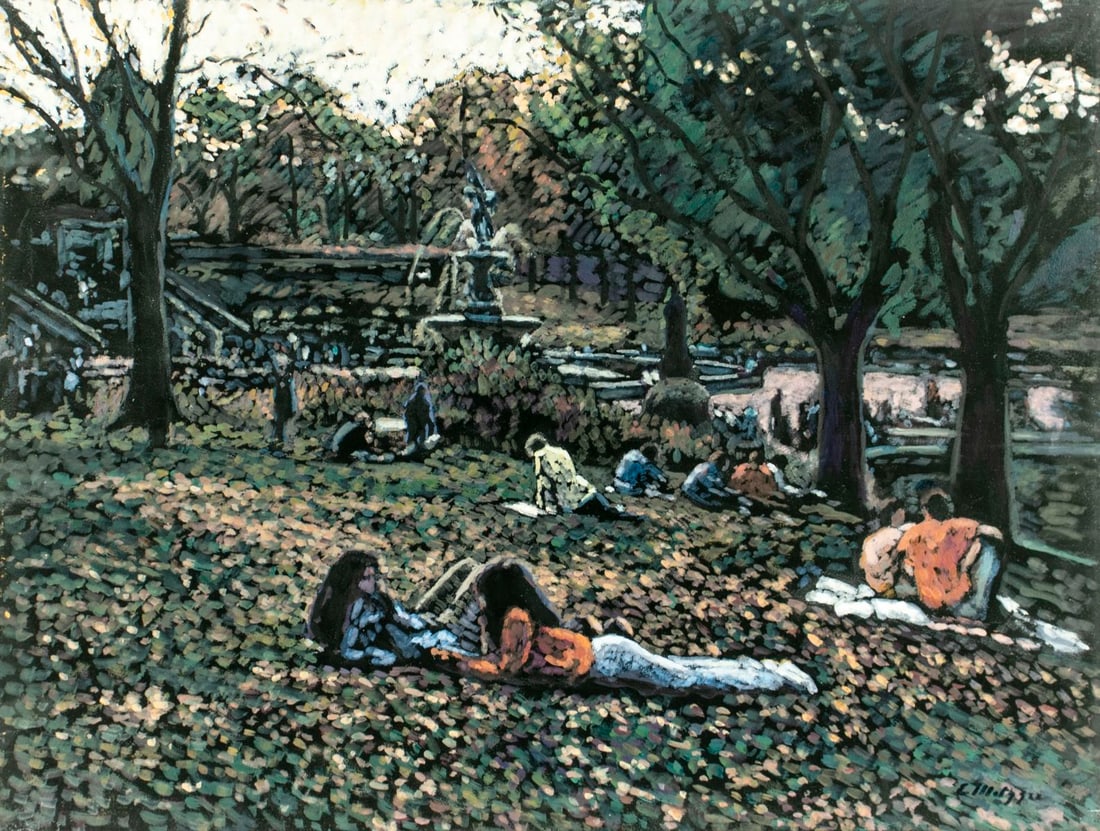 Evelyn Metzger (NY,Brazil,1911-2007) oil painting: ARTIST: Evelyn Borchard Metzger (New York, Brazilian, 1911 - 2007) TITLE: Central Park Landscape, NY MEDIUM: oil on board CONDITION: Minor damage to the lower right corner. Few minor paint losses.