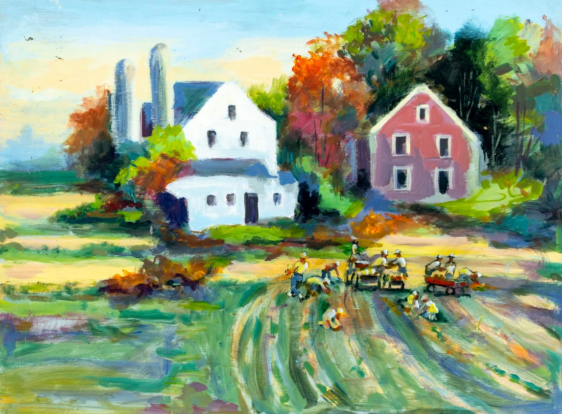 John Reilly (NY,NJ,1942-2021) oil painting: ARTIST: John Reilly (New York, New Jersey, 1942 - 2021) TITLE: Autumn Farm Scene MEDIUM: oil on board CONDITION: Some small scratches/paint losses mostly in the upper left quadrant. No visible