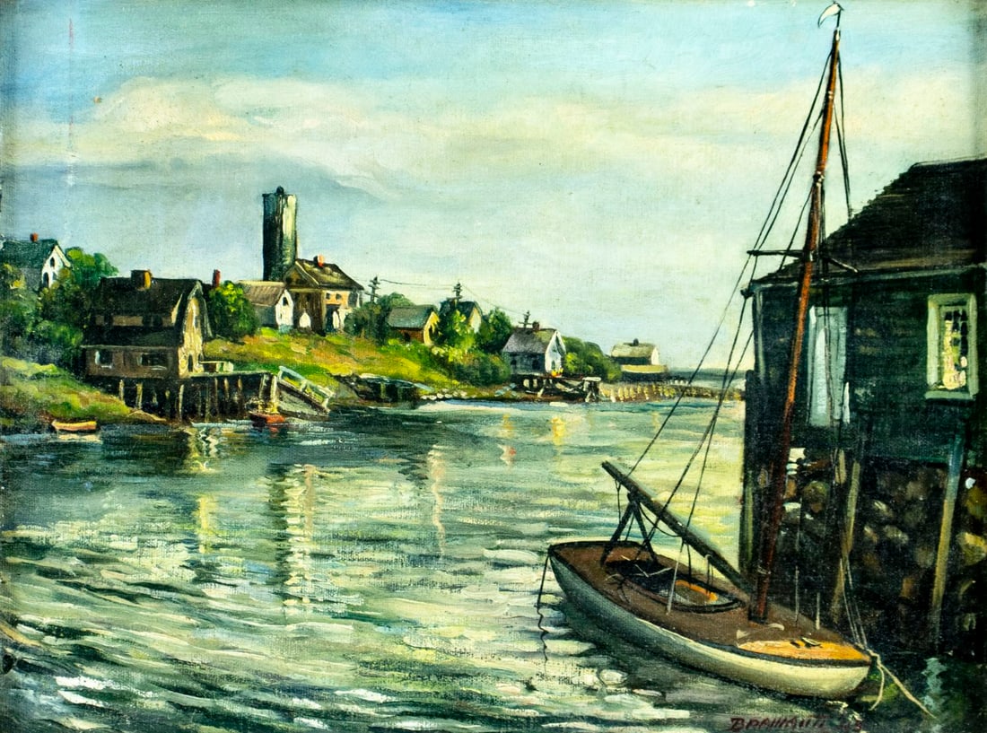Bramanti (US,mid 20C) oil painting: ARTIST: Bramanti (American, mid 20 century) TITLE: Harbor Scene YEAR: 1948 MEDIUM: oil on canvas board CONDITION: Some scratches/paint losses. No visible inpaint under UV light. Wear to frame. ART