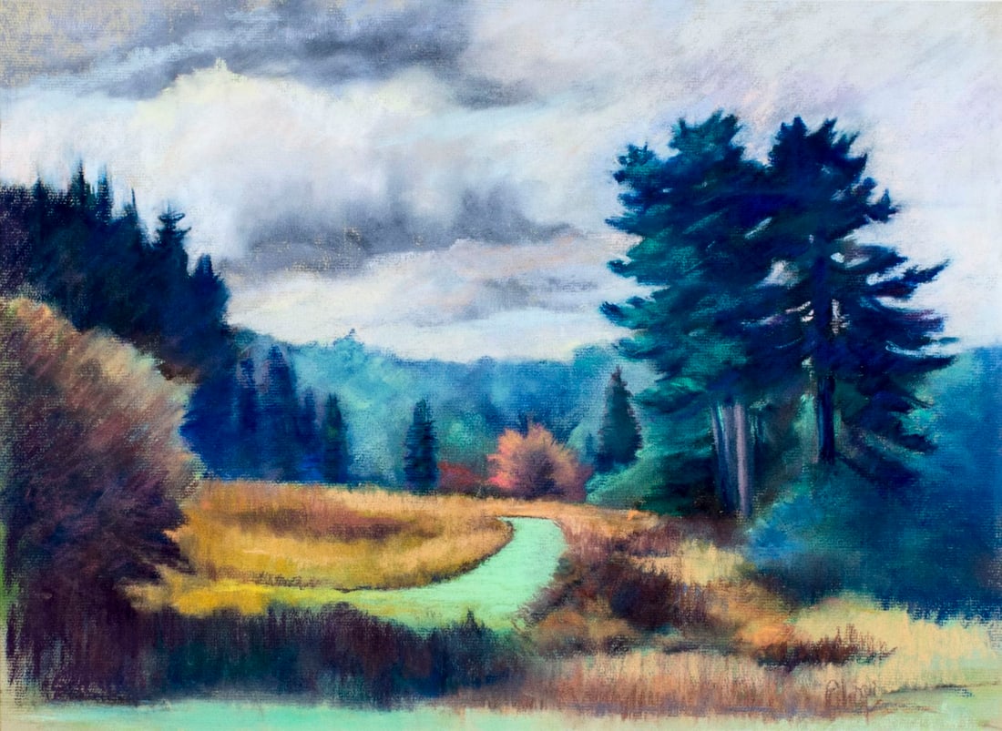 Ellen Logie (NJ,20C) pastel painting: ARTIST: Ellen Logie (New Jersey, 20 century) NAME: Landscape - A Cloudy Day (titled on verso) MEDIUM: pastel on paper CONDITION: Very good. Framed under the glass. SIGHT SIZE: 16 x 22 inches / 40 x