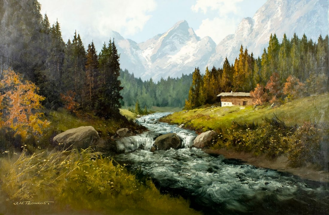 Joseph Heinrich Thomas (German,1922-?) oil painting: ARTIST: Joseph Heinrich Thomas (Germany, 1922 - ???) TITLE: Mountain River Landscape MEDIUM: oil on canvas CONDITION: Unstretched (In-House stretching available). Few minor paint losses. No visible