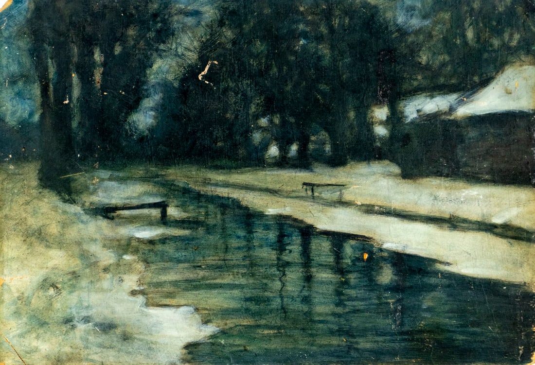 Antique early 20C American oil painting: ARTIST: - (American, early 20 century) TITLE: Winter Stream Landscape MEDIUM: oil on board CONDITION: Some damages to edges and corners. Some scratches/paint losses. No visible inpaint under UV