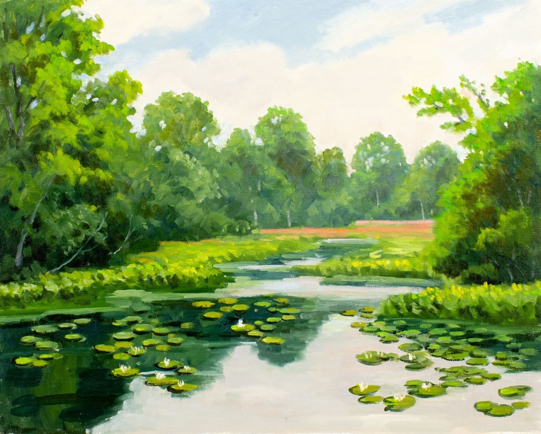 George Holloway (NJ,20C) oil painting: ARTIST: George Holloway (New Jersey, 20 century) TITLE: Pond Landscape MEDIUM: oil on canvas board CONDITION: Very good. No visible inpaint under UV light. ART SIZE: 16 x 20 inches / 40 x 50 cm FRAME