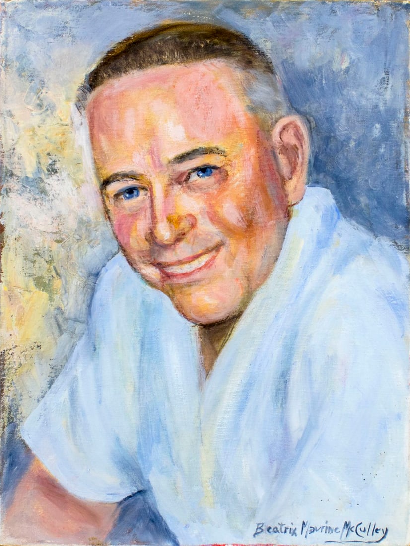 Beatrix McCulley (CA,1899-1983) oil painting: ARTIST: Beatrix Maureen McCulley (California, 1899 - 1983) NAME: Portrait of Man MEDIUM: oil on canvas CONDITION: Very good. No visible inpaint under UV light. SIGHT SIZE: 16 x 12 inches / 40 x 30 cm