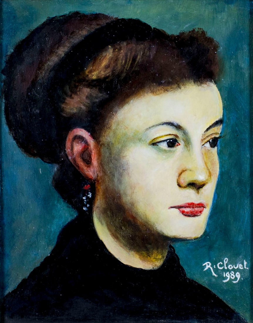Robert Clouet (France,20C) oil painting: ARTIST: Robert Clouet (French, 20 century) TITLE: Portrait of Woman YEAR: 1989 MEDIUM: oil on board CONDITION: Very good. No visible inpaint under UV light. ART SIZE: 15 x 13 inches / 38 x 33 cm