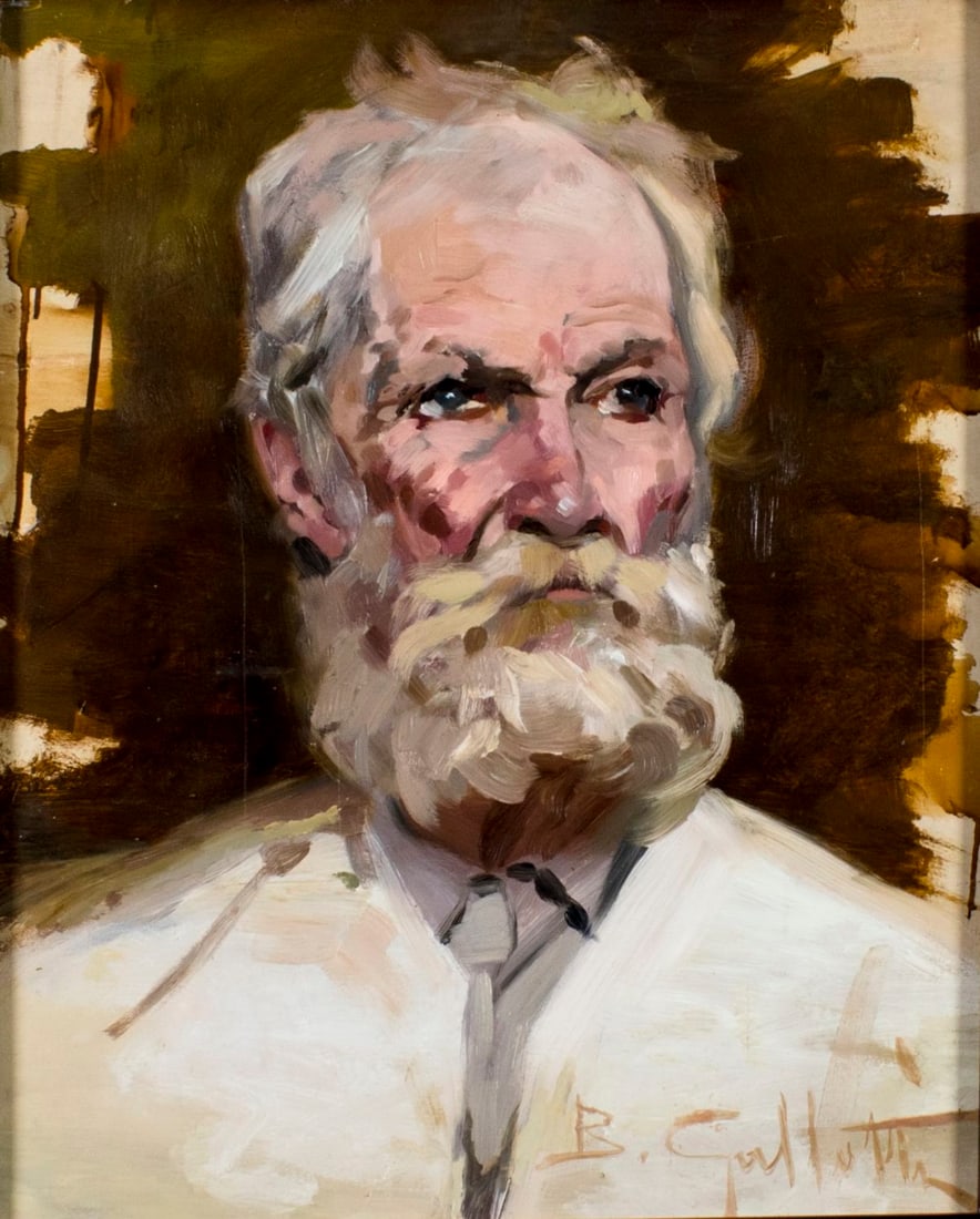 B Gallotti (Italy,20C) oil painting: ARTIST: B Gallotti (Italian, 20 century) NAME: Portrait of Man MEDIUM: oil on board CONDITION: Two faint vertical scratches. No visible inpaint under UV light. Wear to frame. SIGHT SIZE: 24 x 19