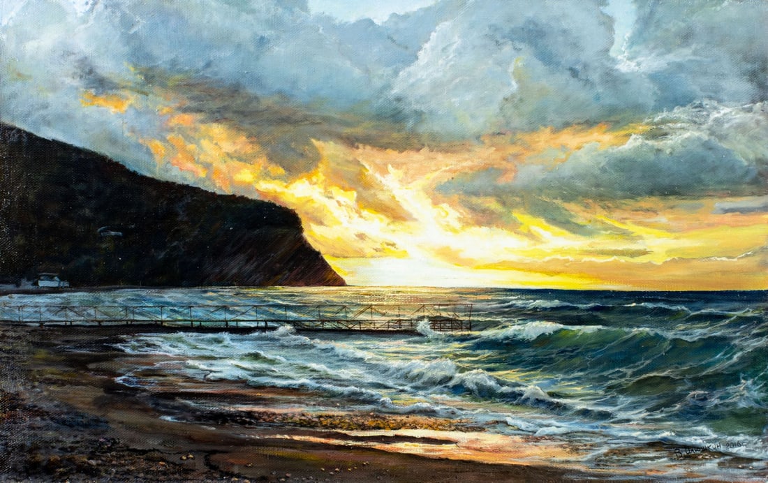 Viktor Ilyushkin (Russia,b 1946) oil painting: ARTIST: Viktor Nikolayevich Ilyushkin (Russian, born 1946) TITLE: Ezhik Mountain Morning, Arkhipo-Osipovka, Russia (titled on verso) MEDIUM: oil on canvas CONDITION: Unstret