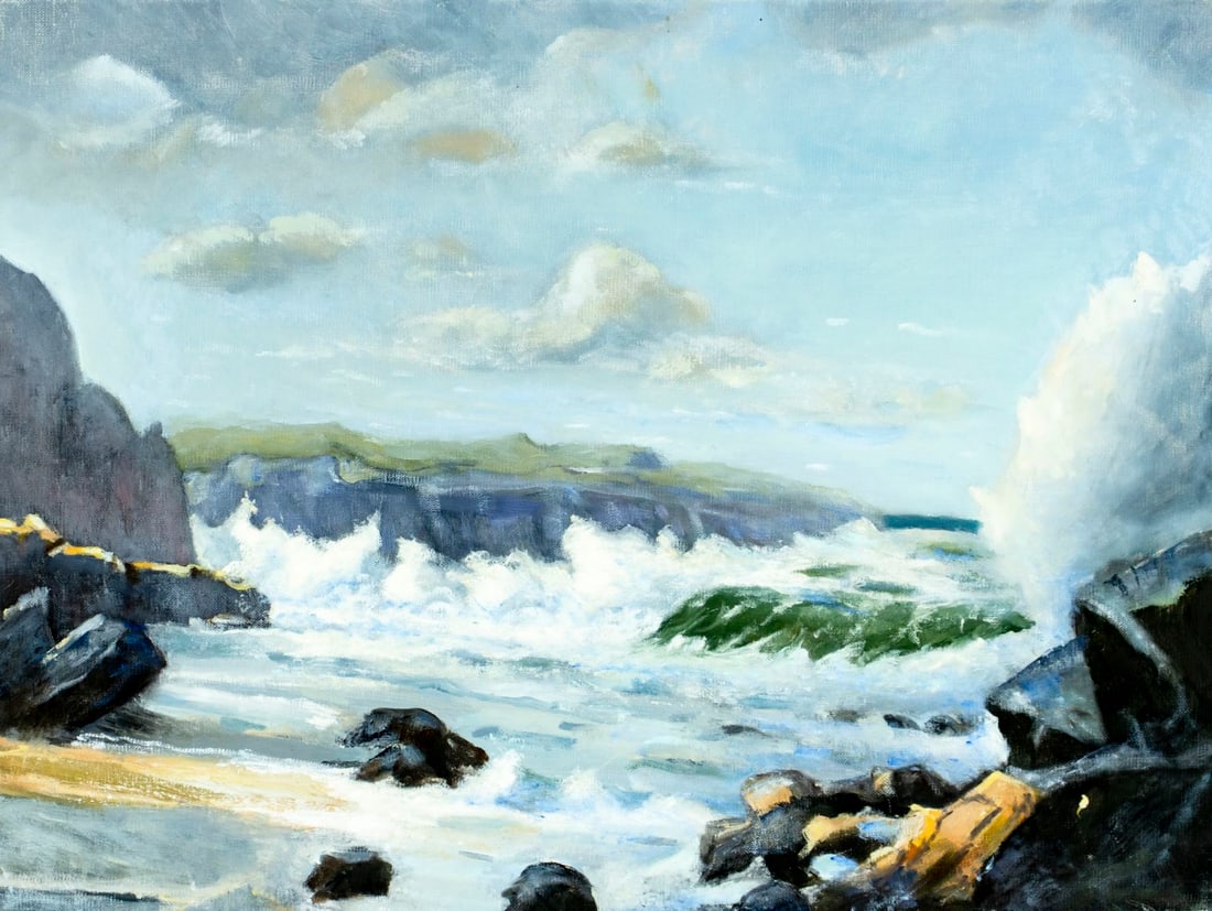 Sandy Spitzer (NY,20/21C) oil painting: ARTIST: Sandy Spitzer (New York, 20/21 centuries) TITLE: Rocky Coast Seascape MEDIUM: oil on canvas CONDITION: Overall good. No visible inpaint under UV light. Normal wear to edges. ART SIZE: 18 x 24