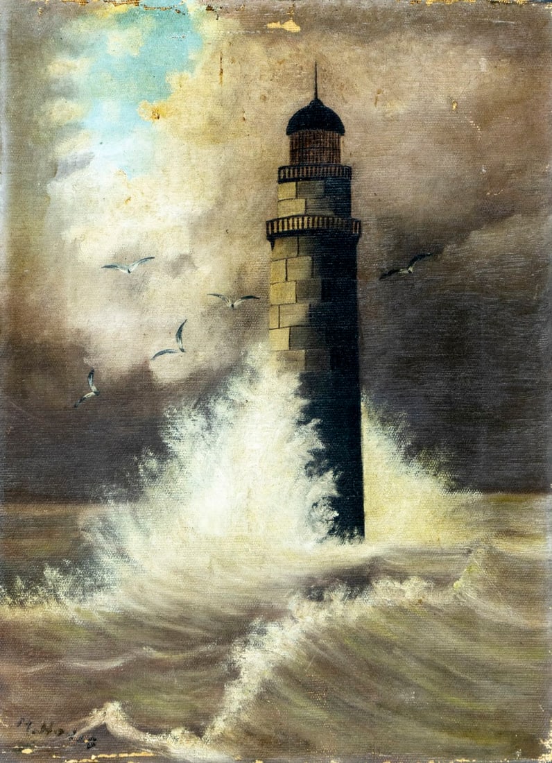 Antique early 20C American oil painting signed: ARTIST: - (American, early 20 century) TITLE: Lighthouse Seascape MEDIUM: oil on canvas CONDITION: Two small patches. Some scratches/paint losses mostly along edges. No visible inpaint under UV