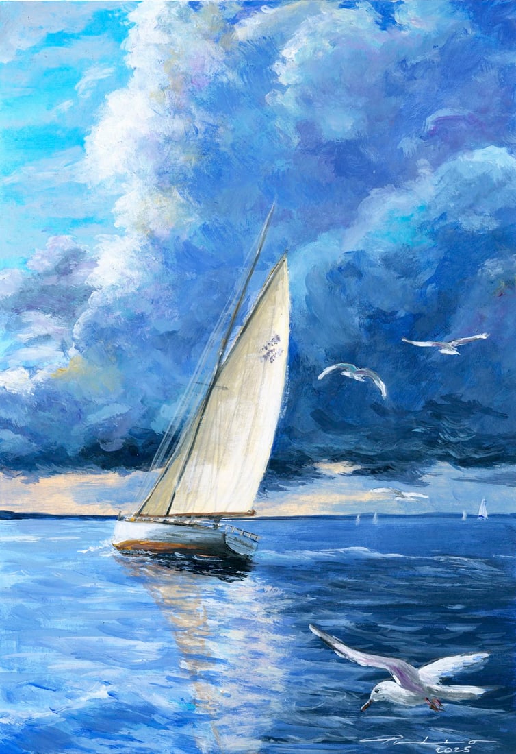 Oleksandr Pukhno (Ukraine,20/21C) acrylic painting: ARTIST: Oleksandr Pukhno (Ukrainian, 20/21 centuries) TITLE: Seascape with Sailboat MEDIUM: acrylic on heavy paper CONDITION: Very good. ART SIZE: 12 x 8 inches / 30 x 20 cm FRAME SIZE: unframed