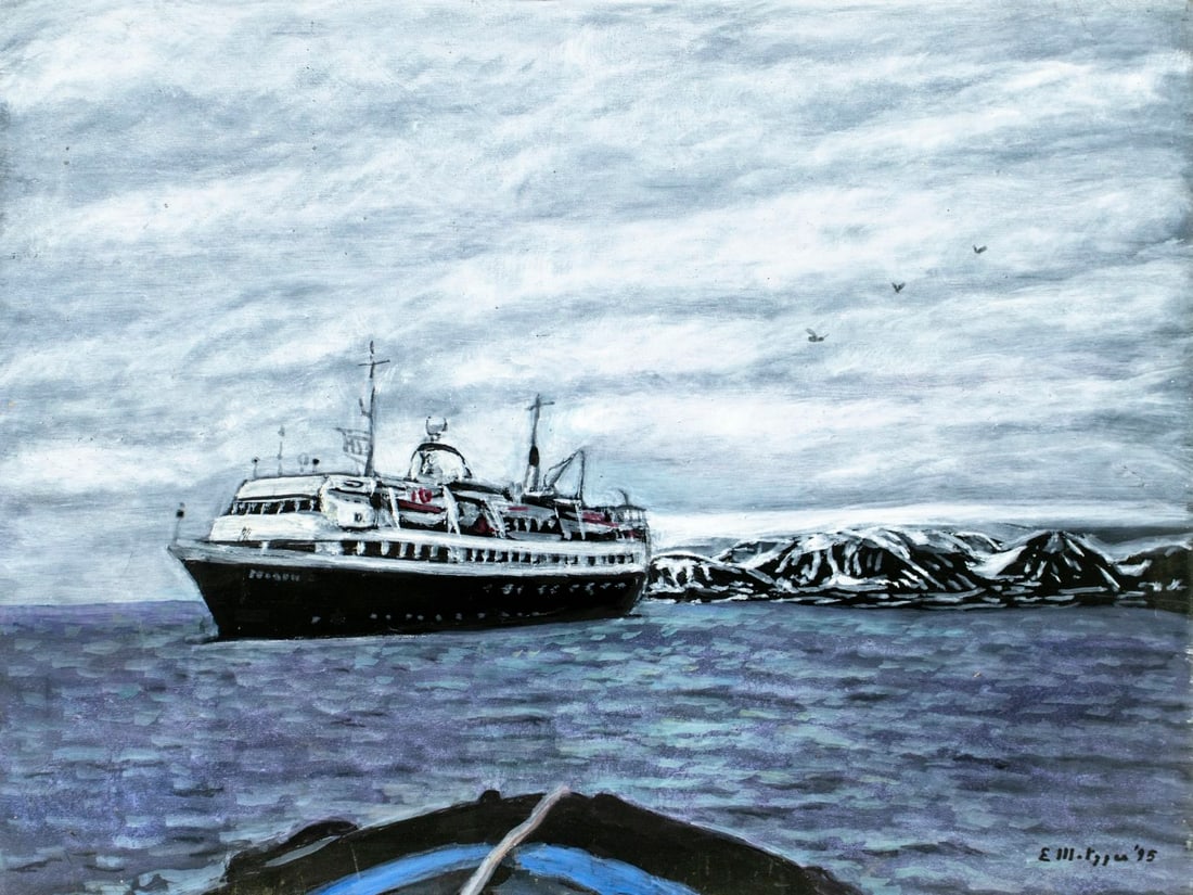 Evelyn Metzger (NY,Brazil,1911-2007) oil painting: ARTIST: Evelyn Borchard Metzger (New York, Brazilian, 1911 - 2007) TITLE: Norway Arctic Polaris in Spitzbergen (titled on verso) YEAR: 1995 MEDIUM: oil on board CONDITION: Some small