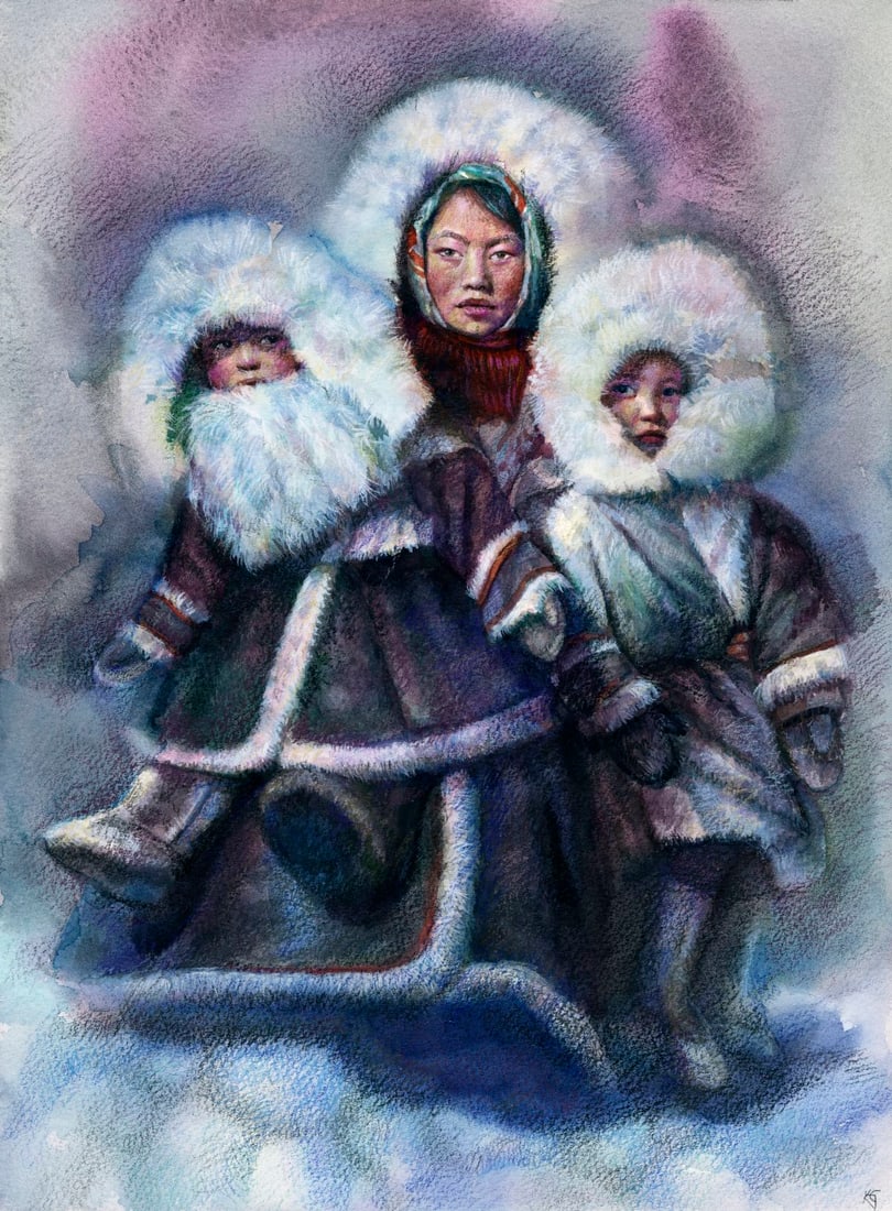 Katerina Grigorenko (Ukraine,b 1999) watercolor painting: ARTIST: Katerina Grigorenko (Ukrainian, born 1999) TITLE: Eskimo Family MEDIUM: watercolor on heavy paper CONDITION: Very good. ART SIZE: 16 x 12 inches / 40 x 30 cm FRAME SIZE: unframed (In-House