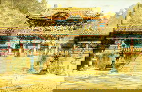 Masano Kawakubo (Japan,19/20C) watercolor painting antique: ARTIST: Masano Kawakubo (Japanese, 19/20 centuries) TITLE: Toshogu Shrine, Tokyo MEDIUM: watercolor on paper CONDITION: Some age toning. Some foxing. Framed under glass. Wea