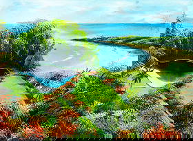 C Morgan (Jamaica,20C) oil painting: ARTIST: C Morgan (Jamaican, 20 century) TITLE: Coastal Landscape YEAR: 1984 MEDIUM: oil on canvas CONDITION: Few minor scratches/paint losses. No visible