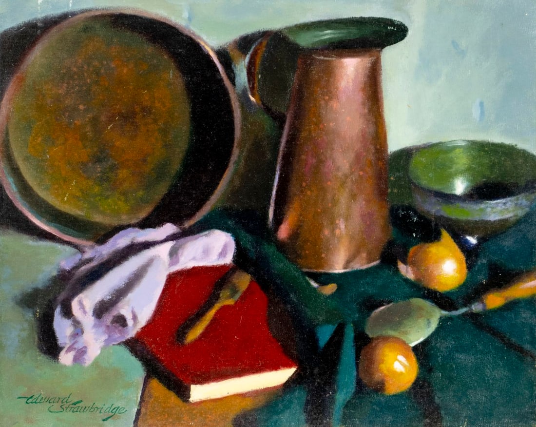 Edward Strawbridge (PA,CA,1903-1999) oil painting: ARTIST: Edward Richie Strawbridge (Pennsylvania, CA, 1903 - 1999) TITLE: Still Life with Kitchenware MEDIUM: oil on canvas board CONDITION: Some scratches. Some scattered