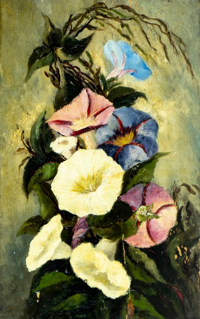 Antique early 20C American oil painting: ARTIST: - (American, early 20 century) TITLE: Floral Still Life MEDIUM: oil on board CONDITION: Some scratches/paint losses mostly in the lower right quadrant. No visible