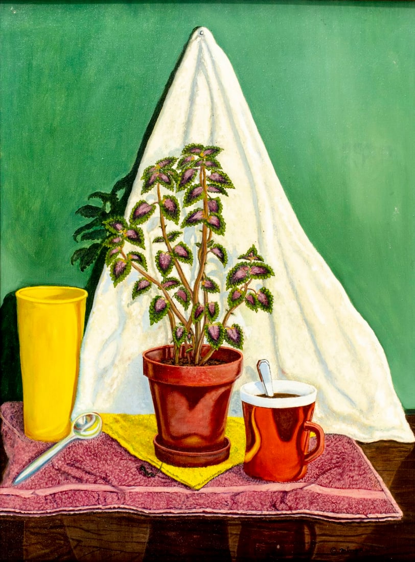 Domingo Luyanda (NY,20C) oil painting: ARTIST: Domingo Luyanda (New York, 20 century) TITLE: Still Life - The Last Joy (titled on verso) YEAR: 1980 MEDIUM: oil on canvas CONDITION: Few minor paint losses. No visible inpaint under UV