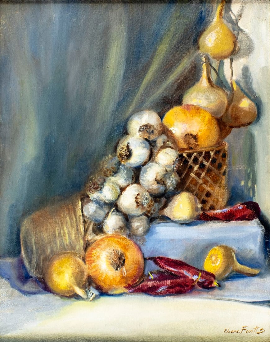 Eliana Fontts (US,20C) oil painting: ARTIST: Eliana Fontts (American, 20 century) TITLE: Still Life with Onions, Garlic and Peppers MEDIUM: oil on canvas CONDITION: Few minor scratches/paint losses. No visible inpaint under UV light.