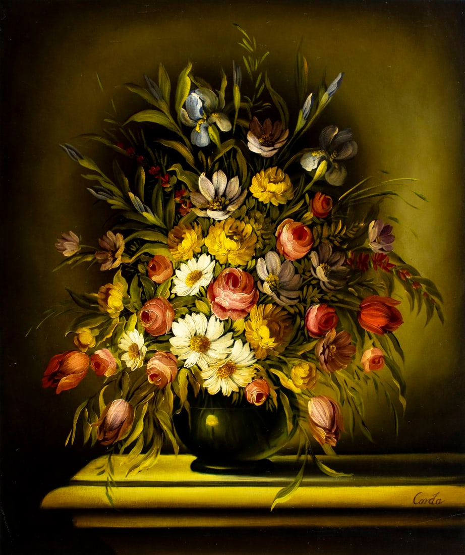 F Corda (German,1927-?) oil painting: ARTIST: F Corda (Germany, 1927 - ???) TITLE: Still Life with Vase of Flowers MEDIUM: oil on canvas CONDITION: Unstretched (In-House stretching available). Few minor paint losses. Some craquelure.