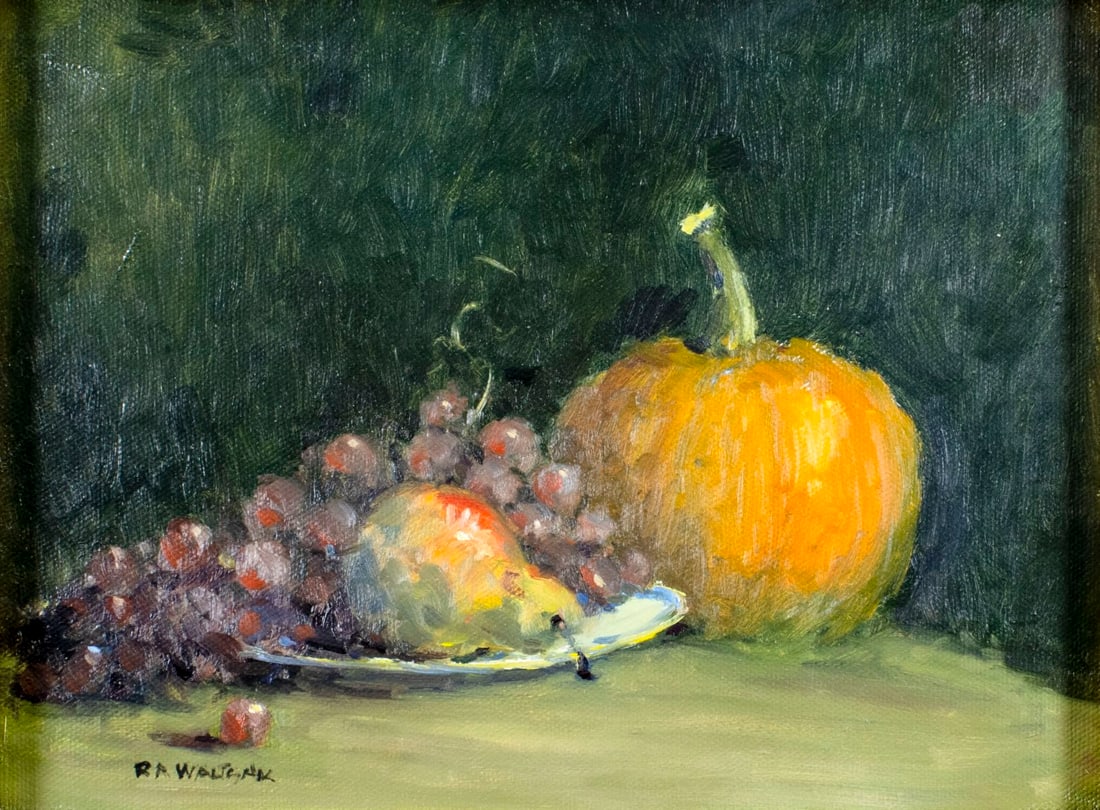 Robert Waltsak (NJ,b 1944) oil painting: ARTIST: Robert Alan Waltsak (New Jersey, born 1944) TITLE: Still Life with Fruits and Pumpkin MEDIUM: oil on canvas. Canvas applied to board. CONDITION: Very good. No visible inpaint under UV light.