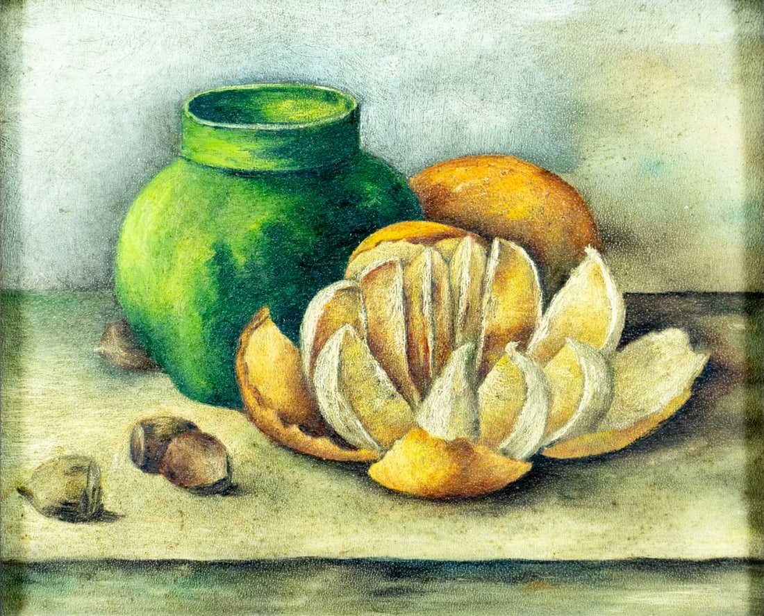 Antique early 20C American oil painting: ARTIST: - (American, early 20 century) TITLE: Still Life with Jug and Orange MEDIUM: oil on board CONDITION: Few minor paint losses mostly in the upper right qudrant. No v