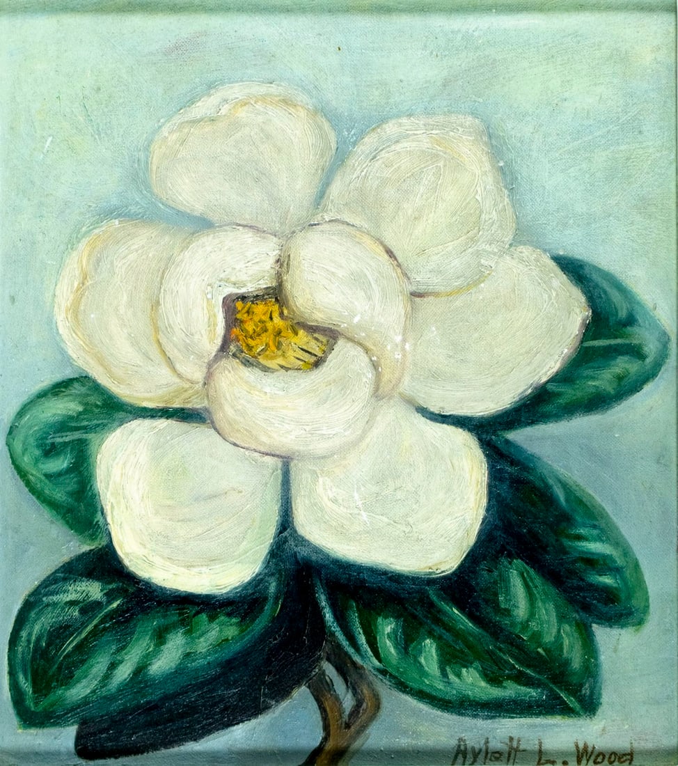 Aylett L Wood (US,mid 20C) oil painting: ARTIST: Aylett L Wood (American, mid 20 century) TITLE: Still Life with Magnolia Flower MEDIUM: oil on canvas board CONDITION: Some scratches/paint losses. No visible inpaint under UV light. Wear to