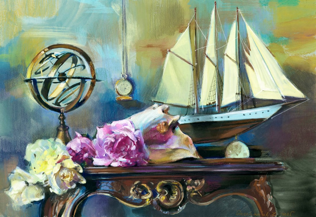 Zoya Grechanyuk (Ukraine,b 1977) pastel painting: ARTIST: Zoya Grechanyuk (Ukrainian, born 1977) TITLE: Maritime Still Life MEDIUM: pastel on heavy paper CONDITION: Very good. ART SIZE: 12 x 17 inches / 30 x 43 cm FRAME SIZE: unframed (In-House