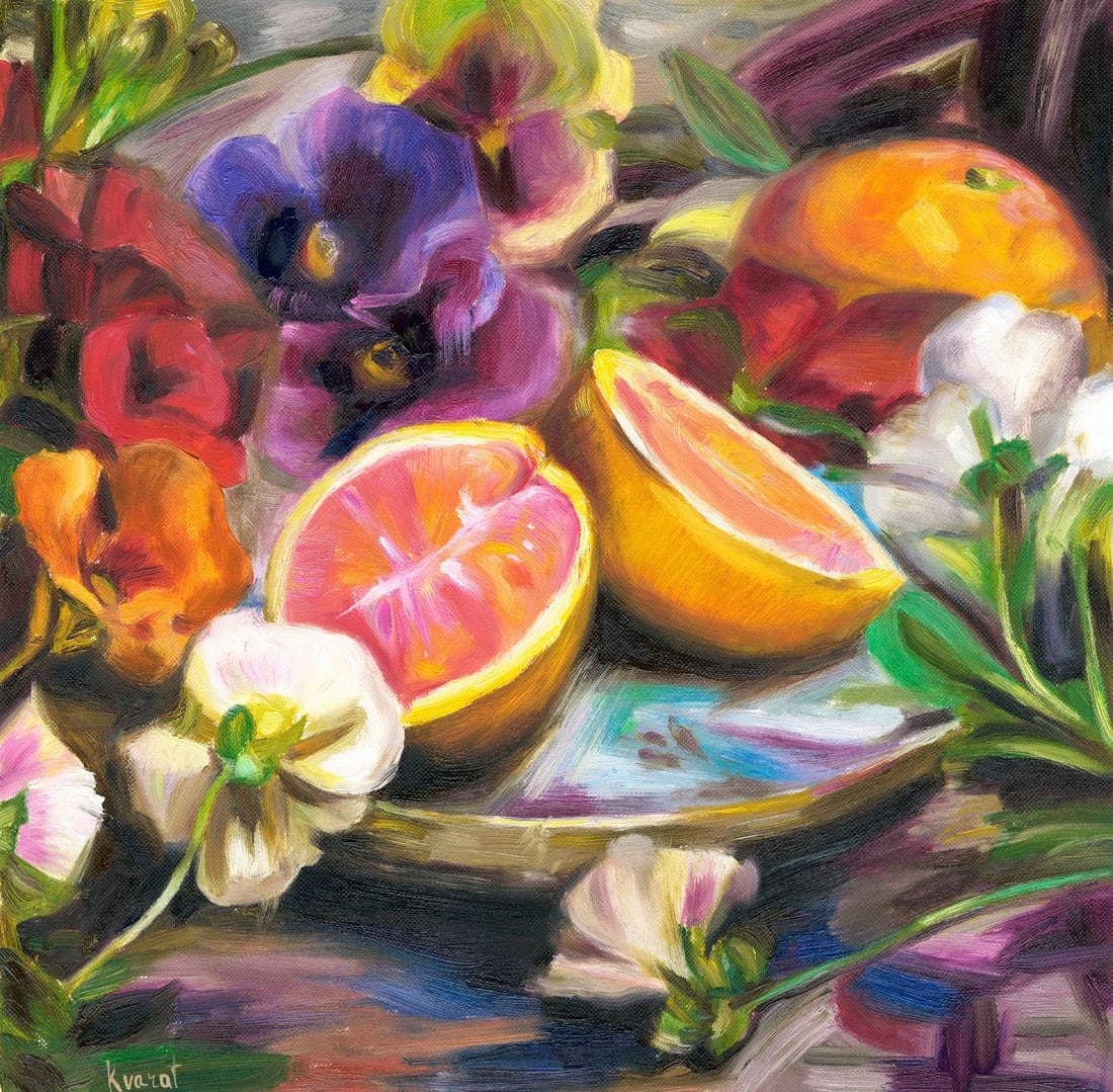 Alina Kvaratshelia (Ukraine,20/21C) oil painting: ARTIST: Alina Kvaratshelia (Ukrainian, 20/21 centuries) TITLE: Still Life with Fruits and Flowers MEDIUM: oil on heavy paper CONDITION: Very good. No visible inpaint under UV light. ART SIZE: 12 x 12