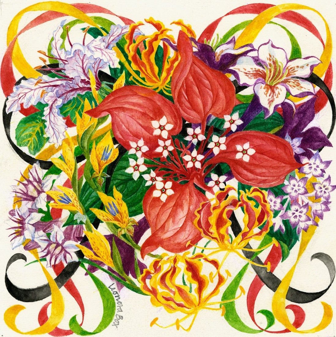 Leonora Box (UK,1936-?) watercolor painting: ARTIST: Leonora Box (United Kingdom, 1936 - ???) TITLE: Ghana (titled on verso) YEAR: 1981 MEDIUM: watercolor on board CONDITION: Minor damages to corners ART SIZE: 6 x 6 inches / 15 x 15 cm BOARD