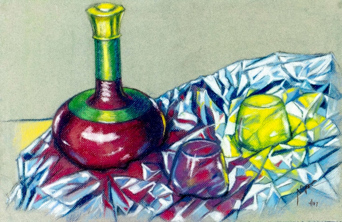 Mac (US,20/21C) pastel painting: ARTIST: Mac (American, 20/21 centuries) TITLE: Still Life with Decanter and Glasses YEAR: 1997 MEDIUM: pastel on paper CONDITION: Overall good. Framed under glass. ART SIZE: 13 x 20 inches / 33 x 50