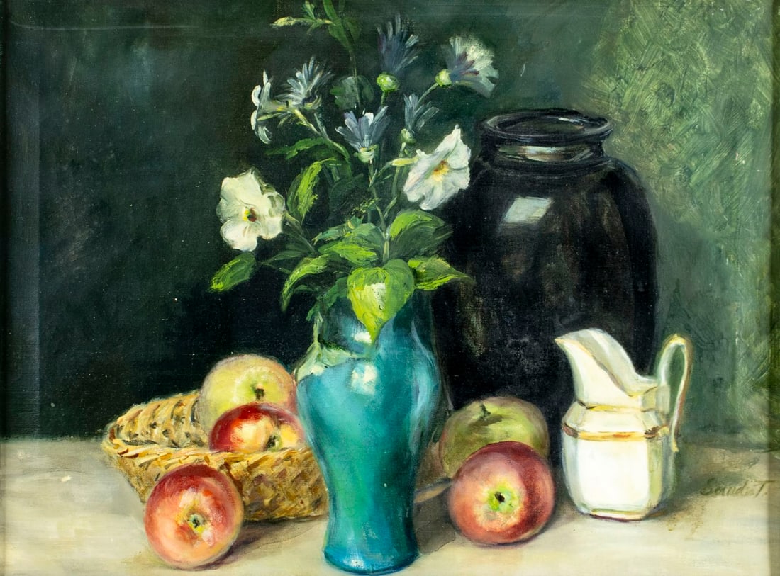 Vintage 20C Hungarian oil painting signed: ARTIST: - (Hungary, 20 century) TITLE: Still Life with Apples and Vase of Flowers MEDIUM: oil on canvas CONDITION: Some paint losses. Some craquelure. No visible inpaint under UV light. Minor