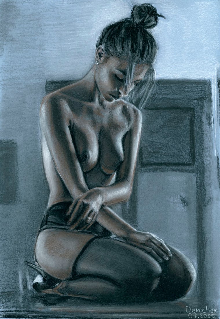 Oleksandr Demichev (Ukraine,20/21C) pastel painting: ARTIST: Oleksandr Demichev (Ukrainian, 20/21 centuries) TITLE: Kneeling Nude MEDIUM: pastel on heavy paper CONDITION: Very good. ART SIZE: 17 x 12 inche