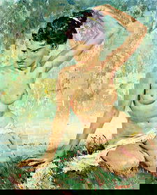 Suerre (NY,mid 20C) oil painting: ARTIST: Suerre (New York, mid 20 century) TITLE: Seated Nude - Nomy (titled on verso) MEDIUM: oil on canvas board CONDITION: Few small paint losses along edges. No visible i