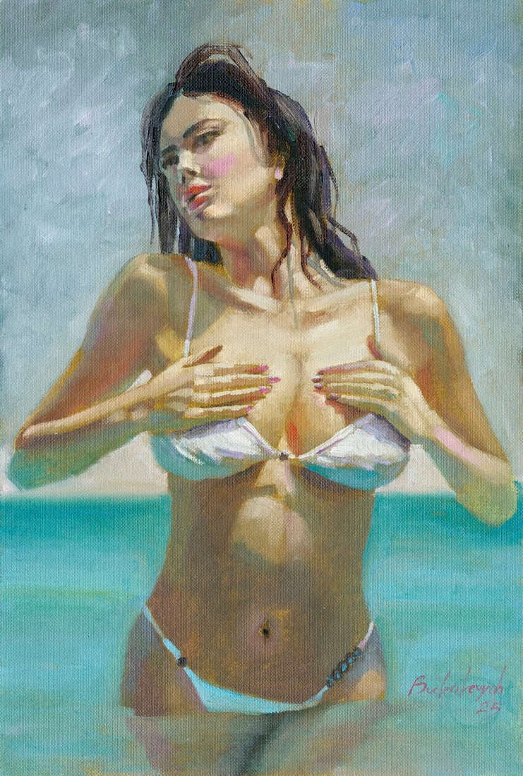 Volodymyr Budenkevych (Ukraine,20/21C) oil painting: ARTIST: Volodymyr Budenkevych (Ukrainian, 20/21 centuries) TITLE: Woman in Bikini MEDIUM: oil on heavy paper CONDITION: Very good. No visible inpaint under UV light.