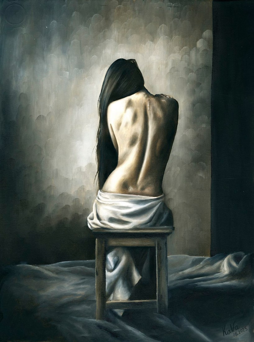 Valeria Kaydan (Ukraine,20/21C) oil painting: ARTIST: Valeria Kaydan (Ukraine, 20/21 centuries) TITLE: Seated Nude MEDIUM: oil on heavy paper CONDITION: Few minor paint losses. No visible inpaint under UV light. ART SIZE: 16 x 12 inches / 40 x