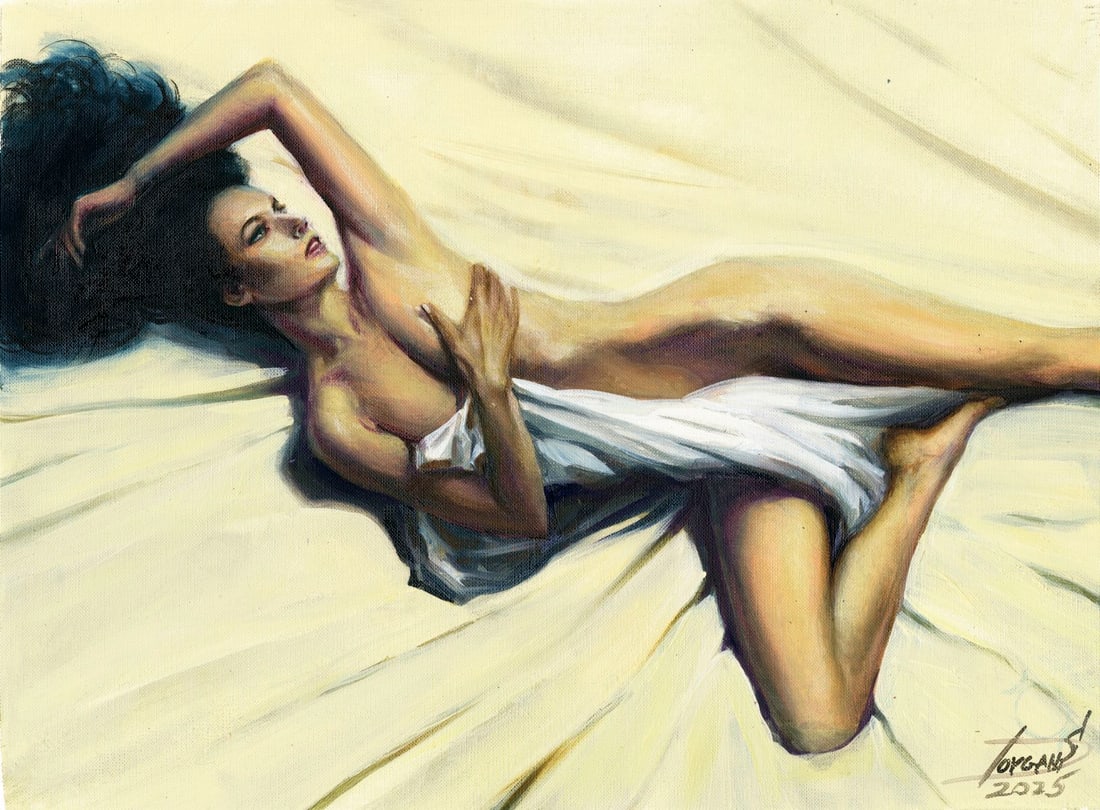 Sergey Dovgan (Ukraine,b 1976) oil painting: ARTIST: Sergey Dovgan (Ukrainian, born 1976) TITLE: Nude MEDIUM: oil on heavy paper CONDITION: Very good. No visible inpaint under UV light. ART SIZE: 1