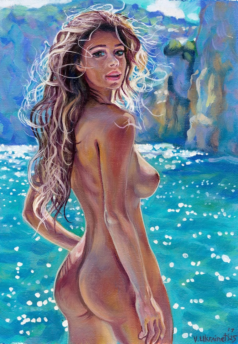 Valentin Ukrainets (Ukraine,b 1965) oil painting: ARTIST: Valentin Ukrainets (Ukrainian, born 1965) TITLE: Nude - Lady on the Sea (titled on verso) MEDIUM: oil on canvas CONDITION: Unstretched (In-House stretching available). Very good. No visible