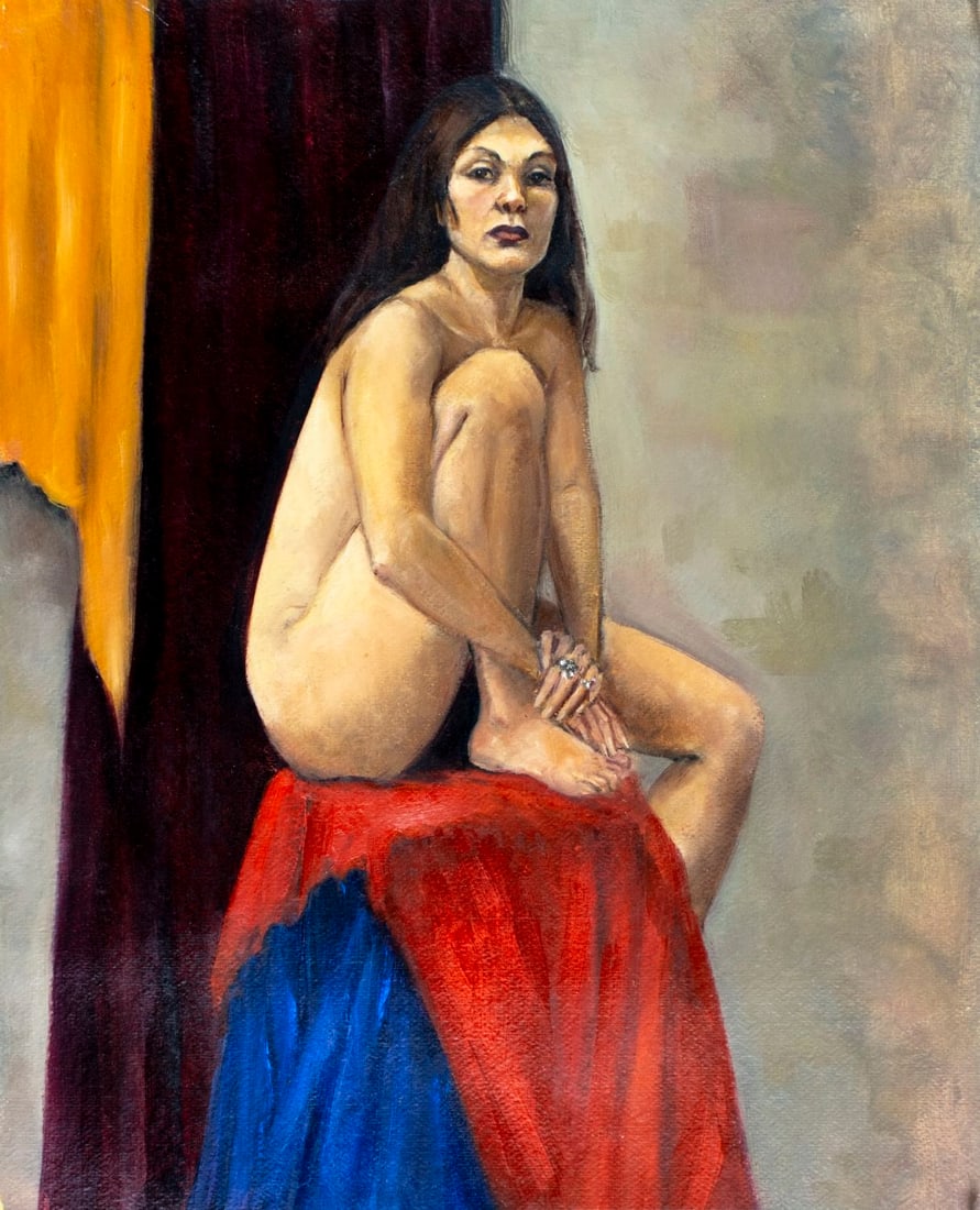 Penny Purpura (US,20C) oil painting: ARTIST: Penny Purpura (American, 20 century) TITLE: Seated Nude MEDIUM: oil on heavy paper CONDITION: Overall good. No visible inpaint under UV light. Normal wear along edges. ART SIZE: 23 x 18