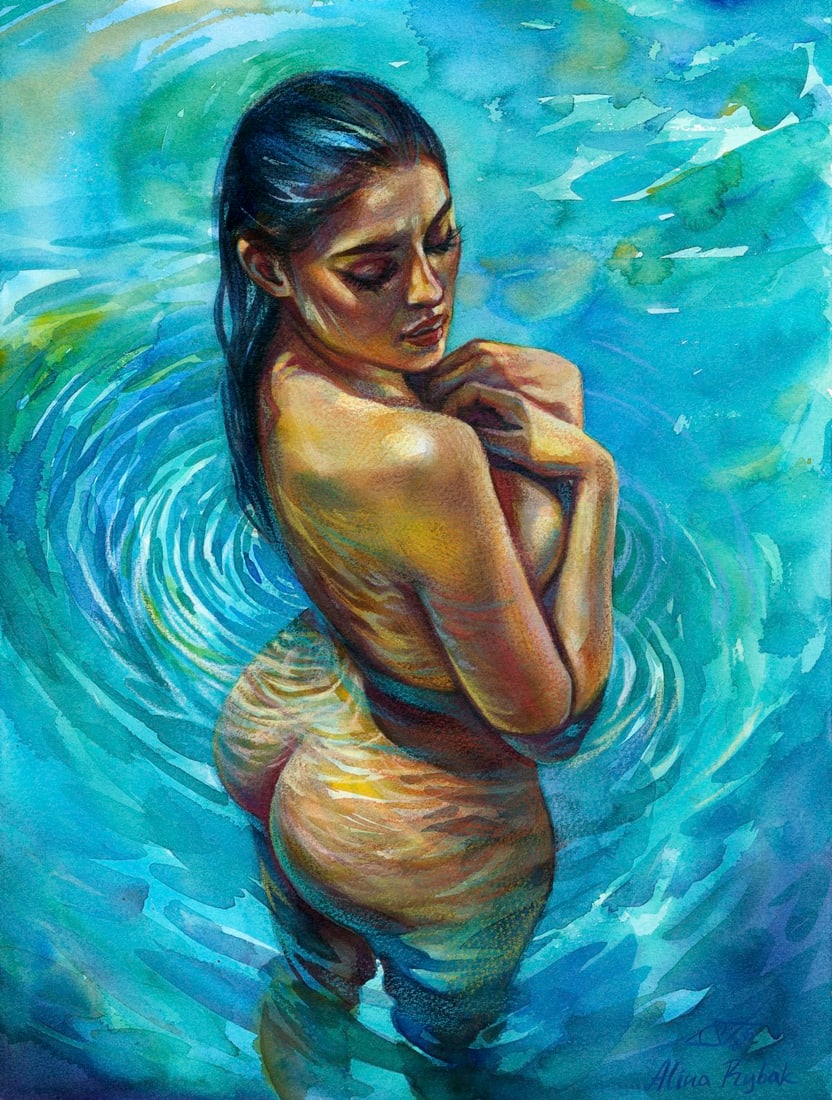 Alina Rybak (Ukraine,b 1996) watercolor painting: ARTIST: Alina Rybak (Ukraine, born 1996) TITLE: Bathing Nude MEDIUM: watercolor on heavy paper CONDITION: Very good. ART SIZE: 16 x 12 inches / 40 x 30 cm FRAME SIZE: unframed (In-House framing