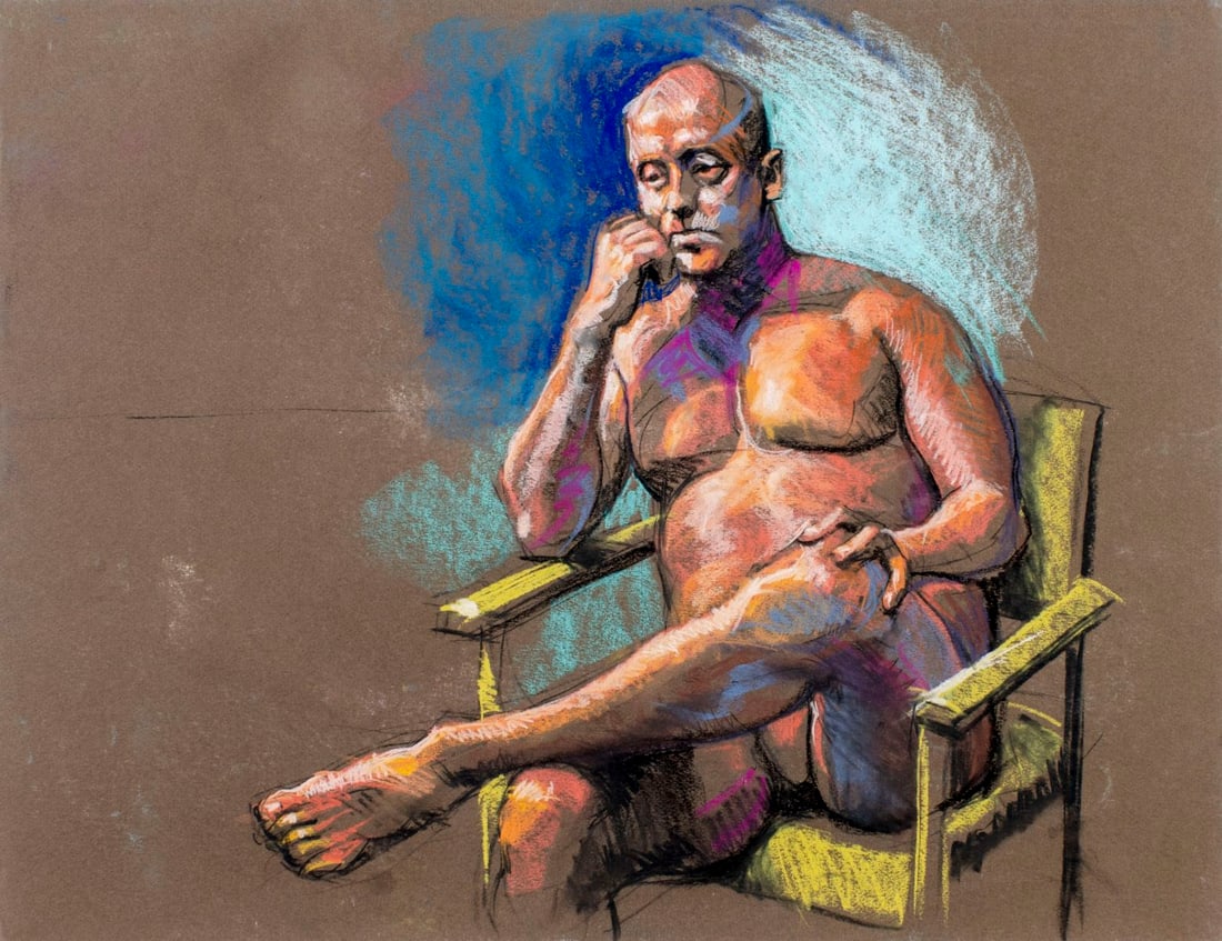 Karl Foster (PA,b 1933) pastel painting: ARTIST: Karl Foster (Pennsylvania, born 1933) TITLE: Seated Male Nude MEDIUM: pastel on heavy paper CONDITION: Very good. ART SIZE: 20 x 26 inches / 50 x