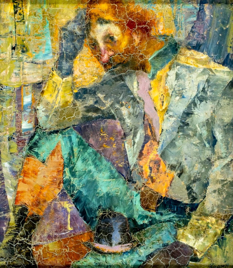 George Russin (FL,1910-2010) oil painting: ARTIST: George Russin (Florida, 1910 - 2010) TITLE: The Thinker (titled on stretcher) MEDIUM: oil on canvas CONDITION: Few small paint losses. Some craquelure. No visible