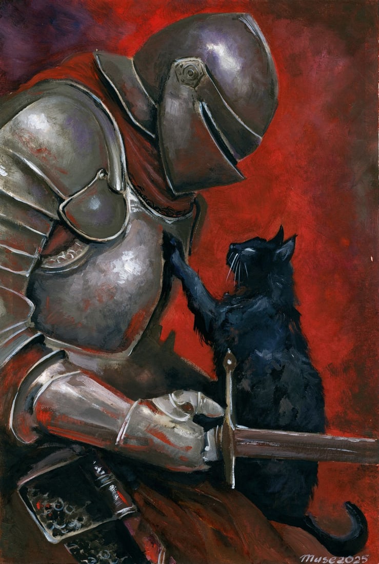 Olga Dolgikova (Ukraine,b 1967) oil painting: ARTIST: Olga Dolgikova (Ukrainian, born 1967) TITLE: Knight and Black Cat MEDIUM: oil on heavy paper CONDITION: Very good. No visible inpaint under UV light. ART SIZE: 15 x 10 inches / 38 x 25 cm