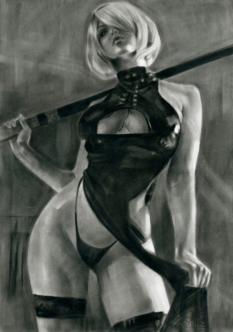 Viktoria Hensetska (Ukraine,20/21C) pastel painting: ARTIST: Viktoria Hensetska (Ukrainian, 20/21 centuries) TITLE: Woman with Katana MEDIUM: pastel on heavy paper CONDITION: Very good. ART SIZE: 17 x 12 in