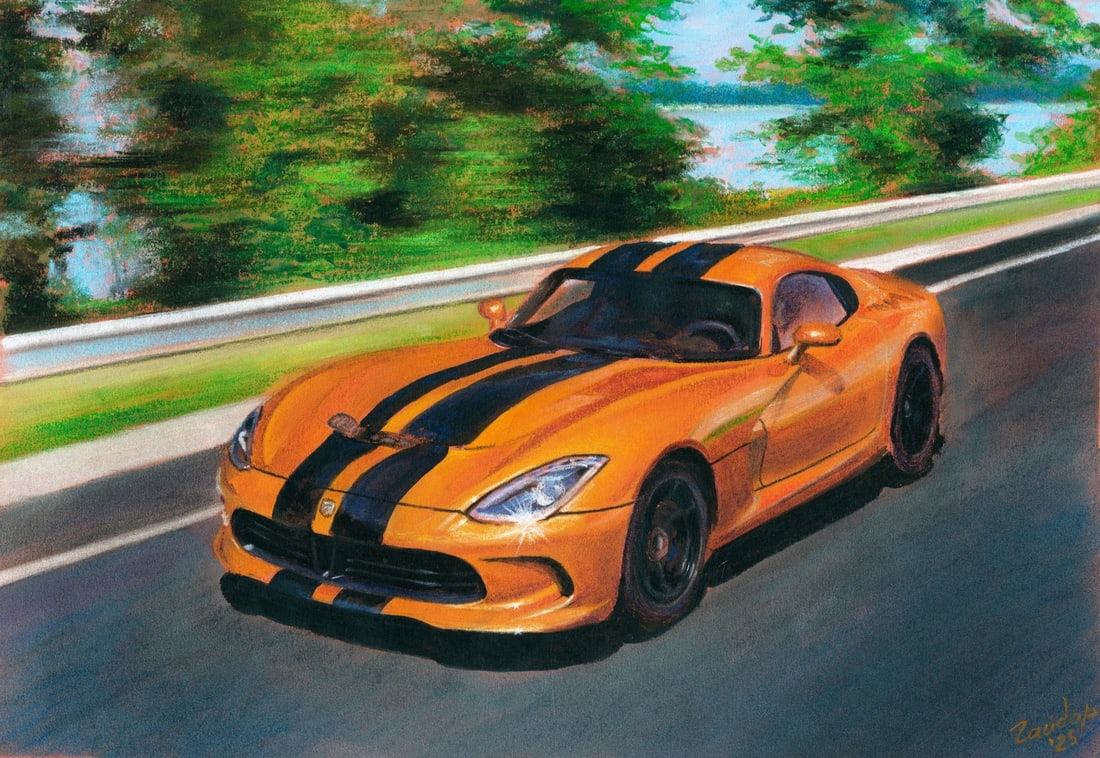 Sergey Gaydar (Ukraine,b 1970) pastel painting: ARTIST: Sergey Gaydar (Ukrainian, born 1970) TITLE: Car Dodge Viper MEDIUM: pastel on paper CONDITION: Very good. ART SIZE: 12 x 17 inches / 30 x 43 cm