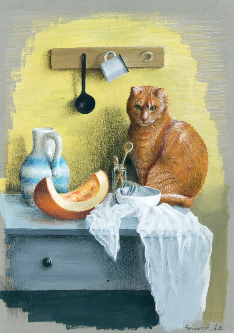 Anastasia Ferenchuk (Ukraine,20/21C) mixed media painting: ARTIST: Anastasia Ferenchuk (Ukrainian, 20/21 centuries) TITLE: Ginger Cat MEDIUM: mixed media on heavy paper CONDITION: Very good. ART SIZE: 17 x 12 inc