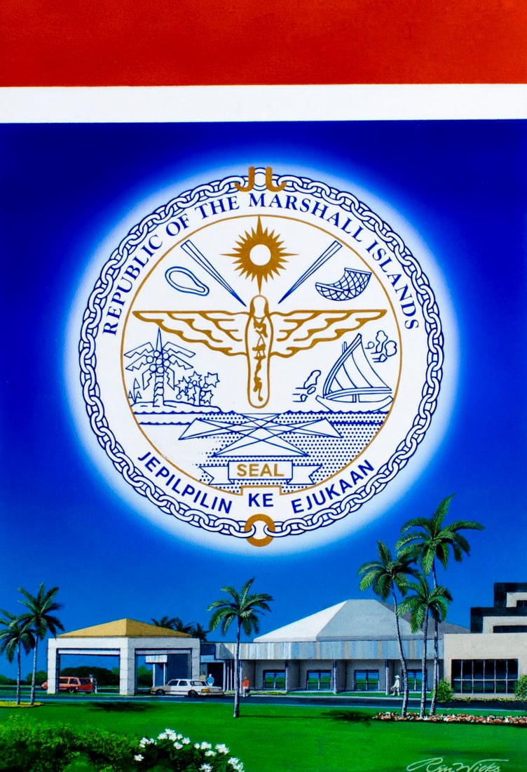 Ren Wicks (CA,1911-1997) mixed media painting: ARTIST: Ren Wicks (California, 1911 - c.1997) TITLE: Marshall Islands State Seal with Nitijila Building YEAR: 1993 MEDIUM: mixed media on board CONDITION:
