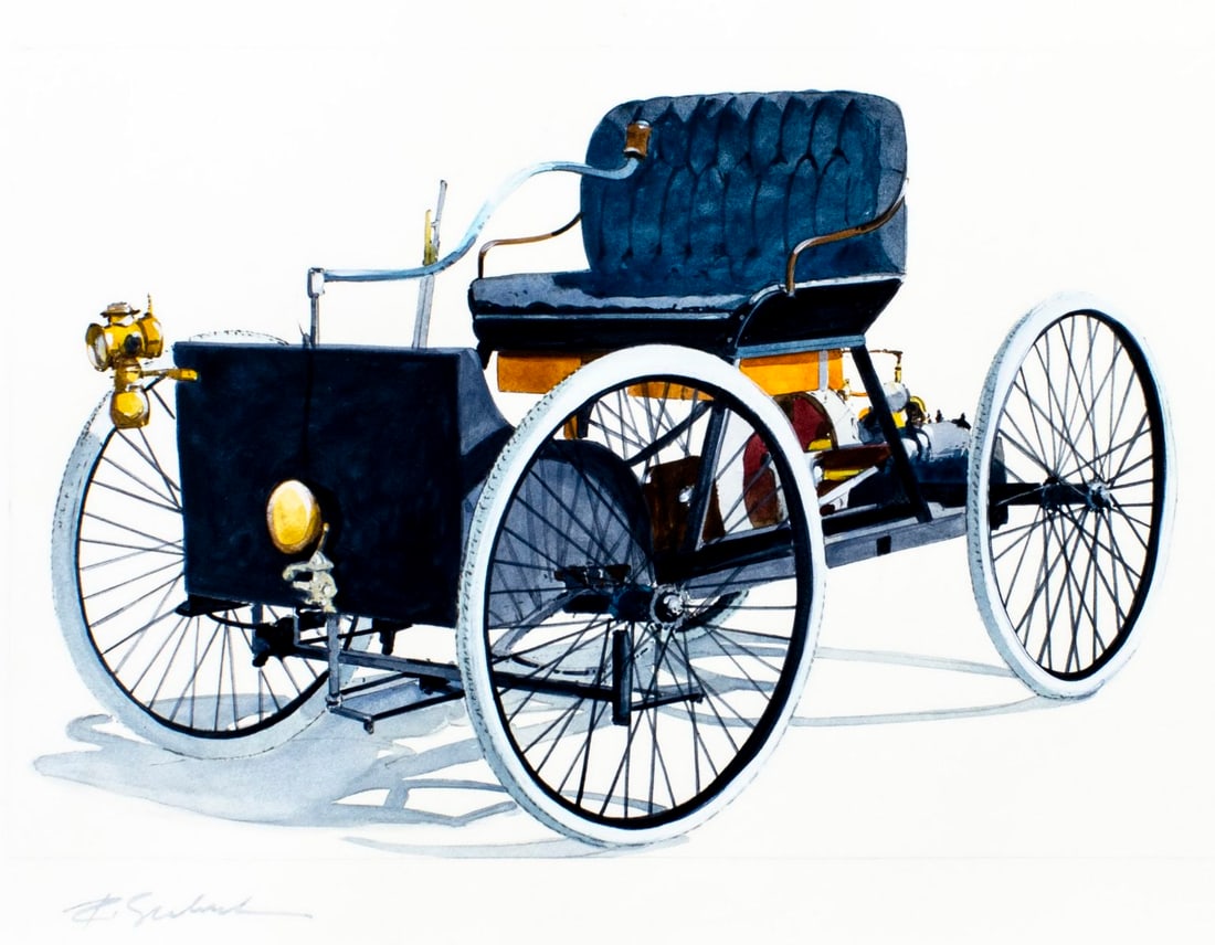 Robert Seabeck (WY,1945-?) watercolor painting: ARTIST: Robert Seabeck (Wyoming, 1945 - ???) TITLE: Ford Automobiles, Quadricycle, 1896 (titled on verso) YEAR: 1996 MEDIUM: watercolor on heavy paper CONDITION